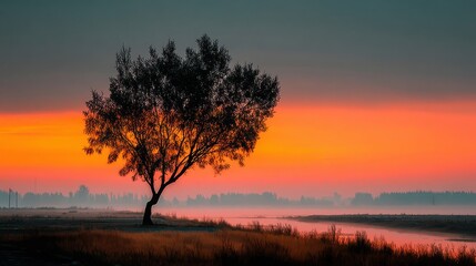 Fototapeta premium Silhouette of a lone tree in a foggy field near a river at dawn under a clear sky