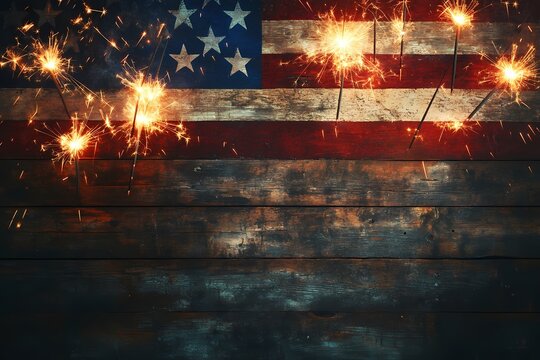 Sparkling American flag on rustic wood celebrating Independence Day with bright firework sparks creating a festive and patriotic mood dark background