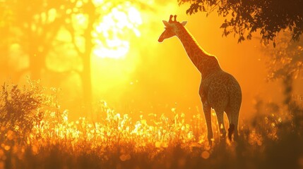 Naklejka premium A giraffe grazing on acacia leaves under the golden sun of a safari