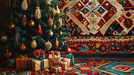 Naklejka premium christmas, tree, decoration, holiday, xmas, gift, present, celebration, ornament, presents, christmas tree, winter, box, gifts, year, green, new, star, ball, pine, season, ribbon, bow, isolated, decem