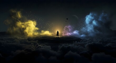 Time Lapse of transfer portal Silhouette of Person Amidst Vibrant hole Cosmic Nebula at Night