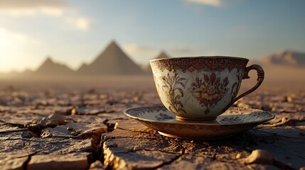 A delicate teacup sits peacefully amidst the arid desert pyramids rise in the distance a moment of tranquility