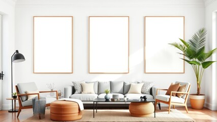 Modern living room interior with three blank frames for artwork or photos, stylish furniture, and a potted plant