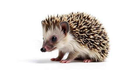 Obraz premium Tiny hedgehog, curled in defense, isolated on pure white background, small, creature, single