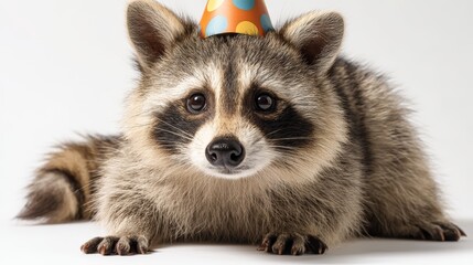 Fototapeta premium Raccoon with party hat celebrates birthday on white background