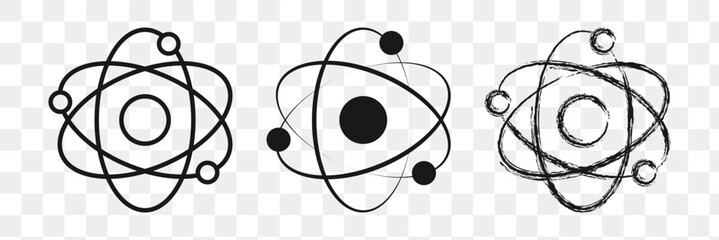 Black and white atom icon illustrating atomic structure with electrons orbiting a nucleus.