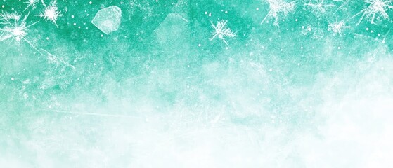Abstract teal and white gradient with snowflakes and crystals creating a wintry atmosphere