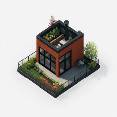 Isometric view of a modern building with a rooftop garden and brick exterior. Featuring lush greenery and contemporary design elements.