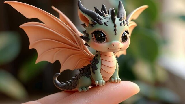 Cute tiny cartoon baby dragon perched on a human finger enjoying a playful moment in a cozy setting