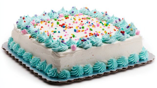 Square birthday cake with blue frosting and colorful sprinkles