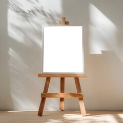 Wooden easel with blank canvas in a sunlit room showcasing soft shadows during midday