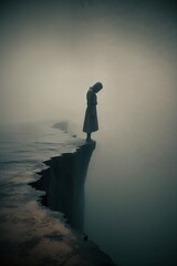 Solitary figure in a long coat standing on the edge of a foggy cliff in a dramatic atmosphere

