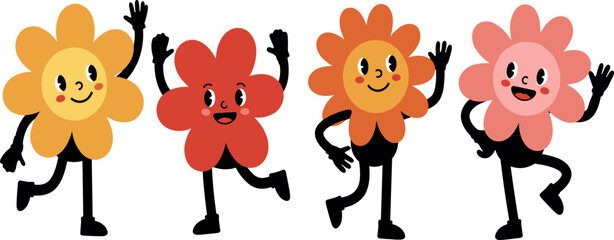 hippie, happy and groovy smiling character, funny sun and flower  .