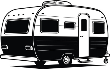 Vintage Travel Trailer, Black and White Vector Graphic