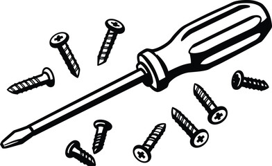Black and White Screwdriver and Screws Vector Graphic