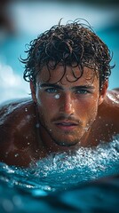 Man swimming pool summer water blue eyes