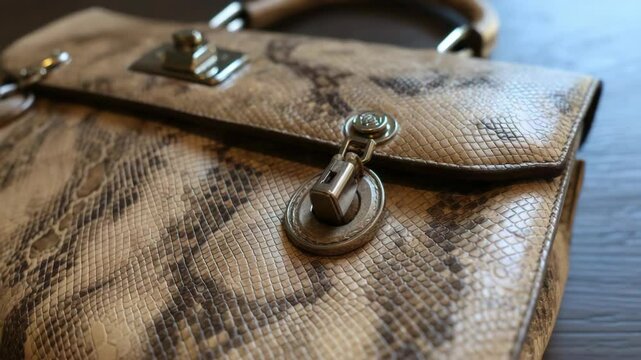 Elegant handbag with faux reptile snakeskin print, featuring a shiny metal padlock detail and a refined design for upscale fashion.
