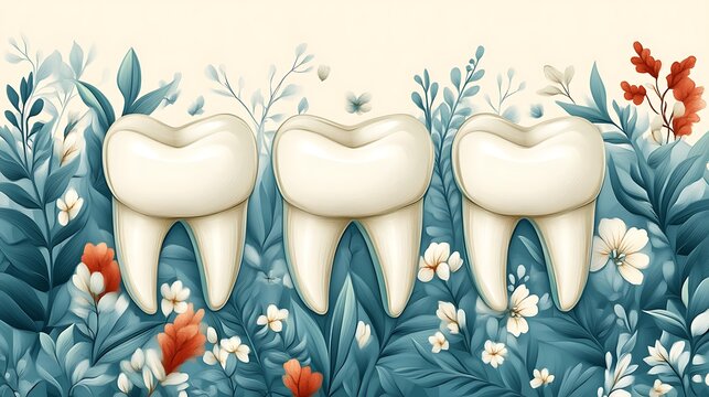 Three Healthy Teeth Amidst Lush Floral Surroundings