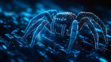 3D Hologram of Cybernetic Spider on Black Background