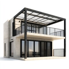 Modern two-story building with concrete facade glass windows and metal pergola. Bright daylight and shadows emphasize architectural details and textures.