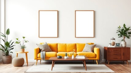 Mid-century modern living room interior design with mustard yellow sofa, wooden coffee table, and two empty frames on the wall
