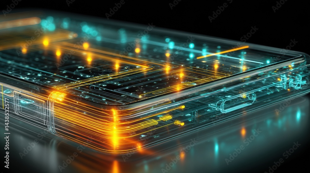 Poster transparent smartphone concept features glowing circuitry for futuristic design and advanced technol