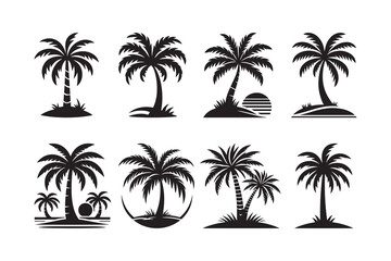 Set of palm tree silhouette clipart icon illustration, isolated on white background	