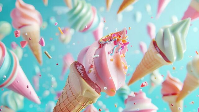 Colorful ice cream cones in motion