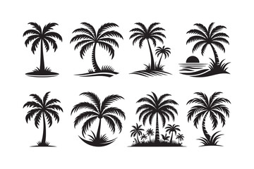 Set of palm tree silhouette clipart icon illustration, isolated on white background	