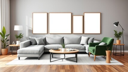 Modern living room interior design with sectional sofa and accent chair