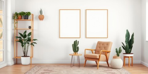 Fototapeta premium Modern Minimalist Living Room with Plants and Empty Frames