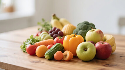 Close-up of colorful fresh fruits and vegetables arranged on a wooden table, representing healthy