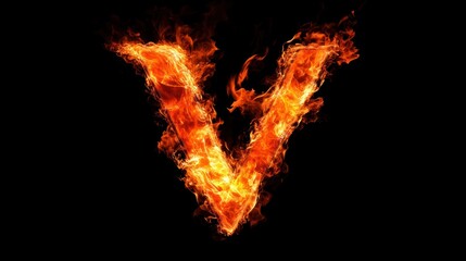 Fiery letter V, burning, black background, abstract design, graphic art