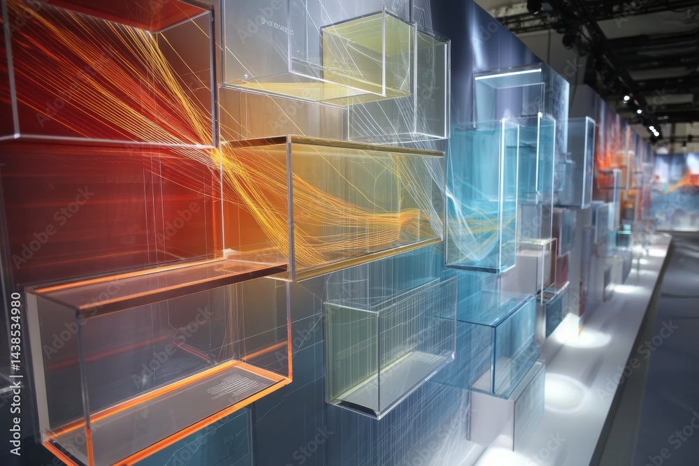Poster floating transparent panels create an immersive experience in a 3d digital exhibition space showcasi