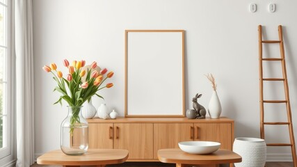 Modern minimalist living room interior design with wooden furniture and spring tulips