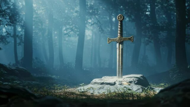 Sword in the stone in the blue misty forest. Fantasy weapon against mysterious background for book cover illustration, folklore stories or fairy tale concept.