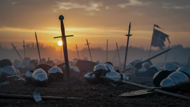 Battlefield after the medieval fight at sunrise. Armour and weapons laying on the field with swords, flag and helmet for history or cinematic concept.
