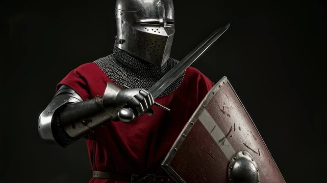 Warrior knight in full armor holding broadsword and shield in dramatic studio shot. Medieval crusader concept for historical reenactment, fantasy movie or costume party.