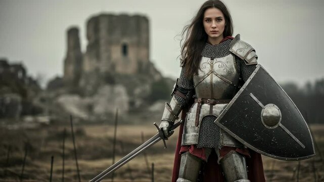 Woman knight in shining armor stands with sword and shield. Female warrior in medieval combat gear protecting castle, for historical movie scene, adventure concept.