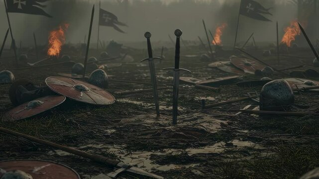 Swords stuck in muddy ground on battlefield with scattered helmets and shields. Concept of aftermath war scene, fallen soldiers memorial and medieval history.