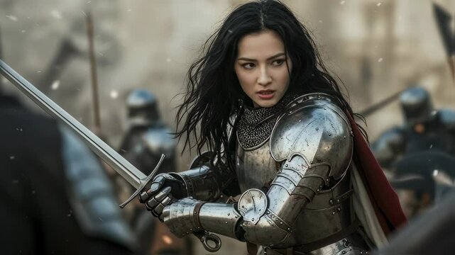 Woman knight holding sword on battlefield. Brave warrior ready to fight medieval war in armor. Fantasy scene for movie, historical reconstruction project.