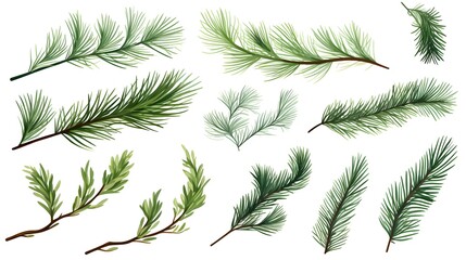 Collection of Fresh Pine Tree Branches Isolated on White Background for Nature Design