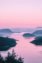 Serene Pink Sunrise Over Misty Mountains and Water