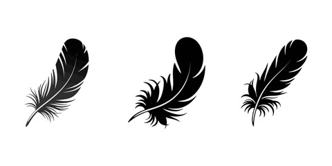 Fototapeta premium set of feathers, Bird feather icons set. Simple black symbols with different feathers from bird wings. Flat line style vector for apps website isolated on transparent background, Feathers silhouette.