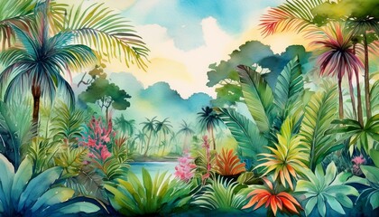 painting of a jungle landscape watercolor pattern wallpaper