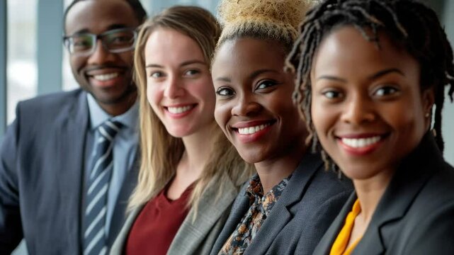 A diverse group of professional individuals gathered for a business headshot, exuding confidence and teamwork.