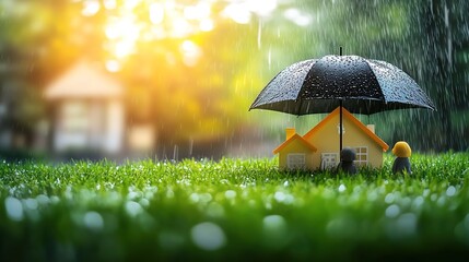 Family silhouettes under yellow umbrella in rainy scene with model house