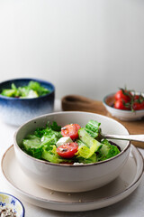 Greek salad with fresh tomatoes, cucumbers, lettuce, feta cheese and seeds.