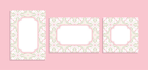 Series of beautiful cottagecore tiles frame background with floral flower motifs for prints card invitation notes journaling in sweet folk art shabby chic style