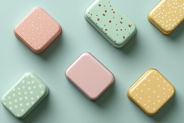 Pastel Colored Tin Boxes on Light Blue Backgrounds with Polka Dots & Terrazzo